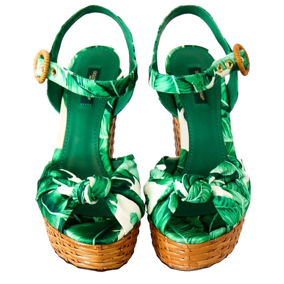 DOLCE & GABBANA Palm Leaf Rattan Platform Canvas Sandals Shoes EU 37 - Picture 4 of 7